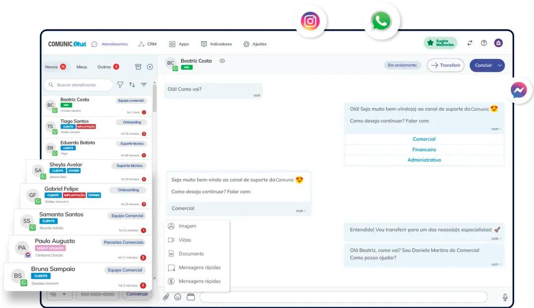 Interface do Comunic.Chat mostrando painéis e conversas